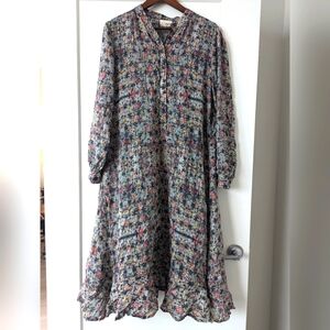 Maison Hotel Long Sleeve Ruffle Hem Dress Tie Dye Floral Sz S READ